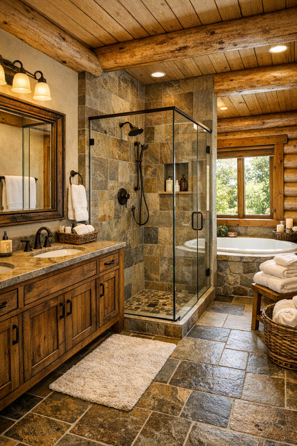 Rustic bathroom with wood vanity, stone tile, warm bronze fixtures, and bright natural light