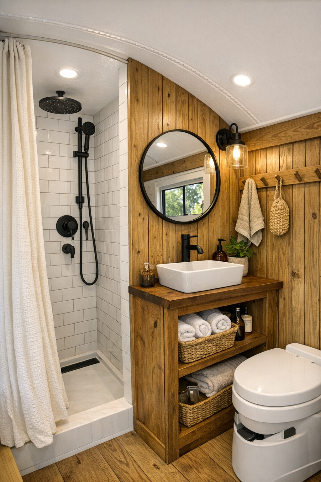 Compact rustic bus bathroom with white tile shower and wood vanity