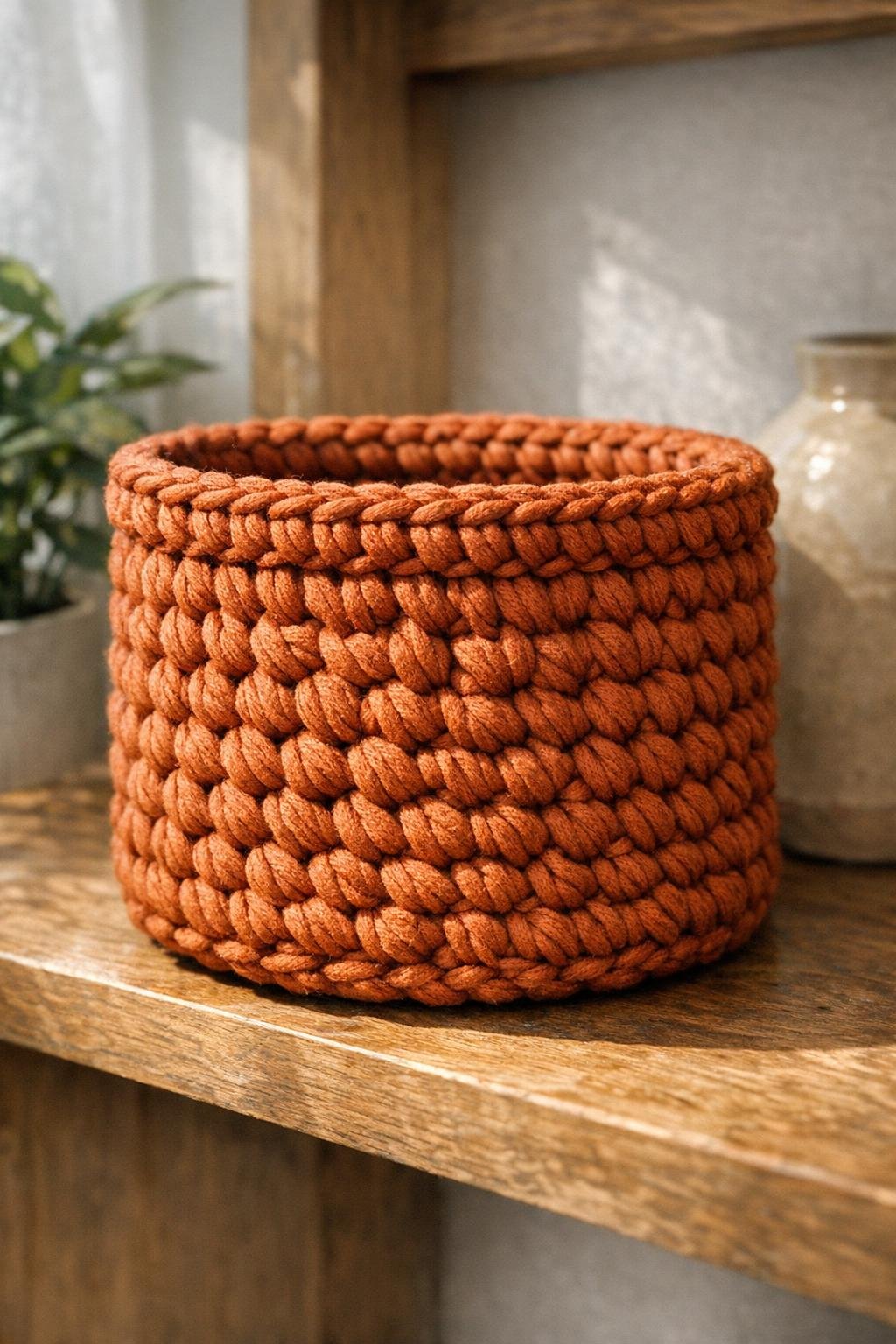 Finished burnt sienna crochet-covered basket made over a plastic bucket
