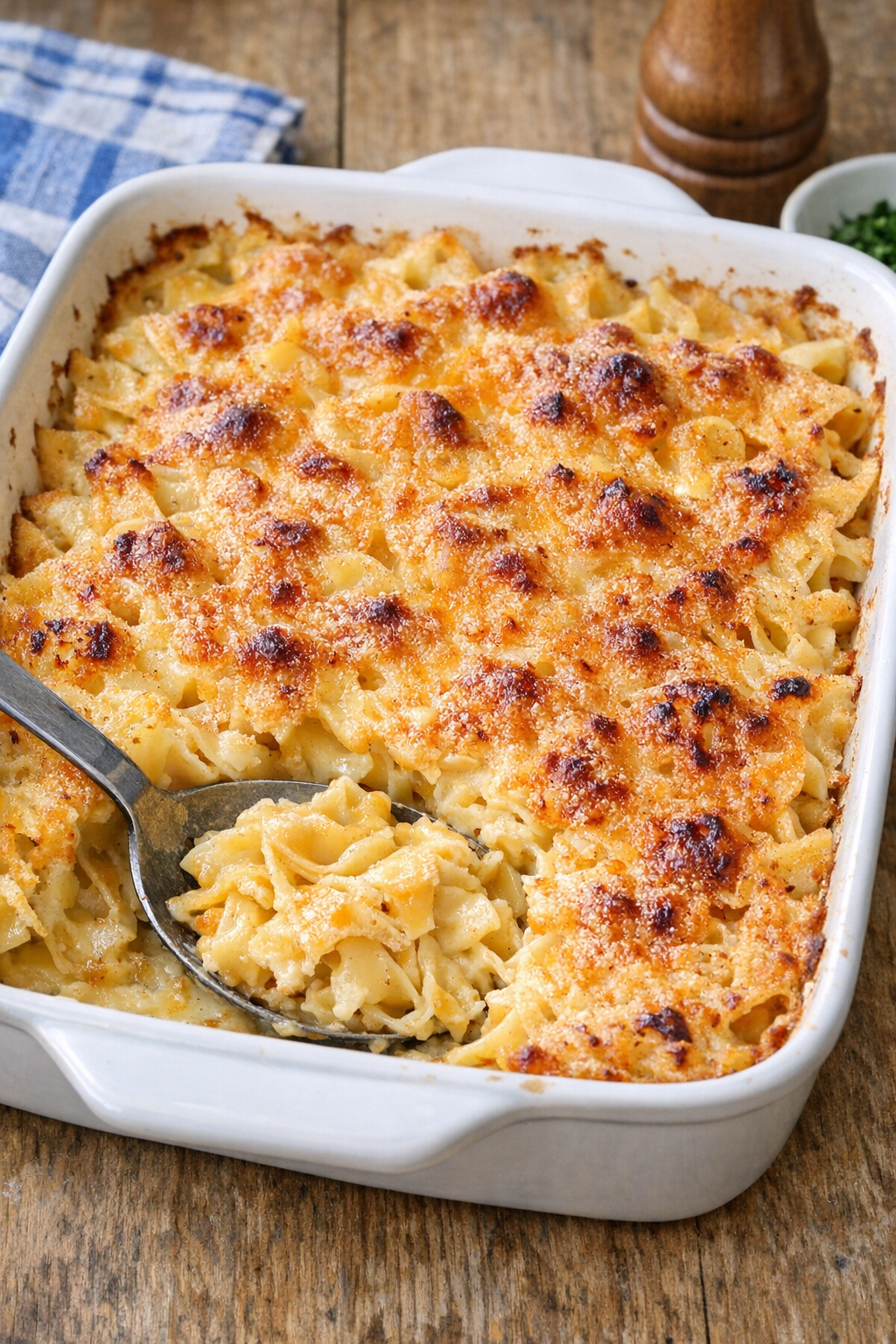 Baked pub cheese egg noodle casserole in a rustic baking dish