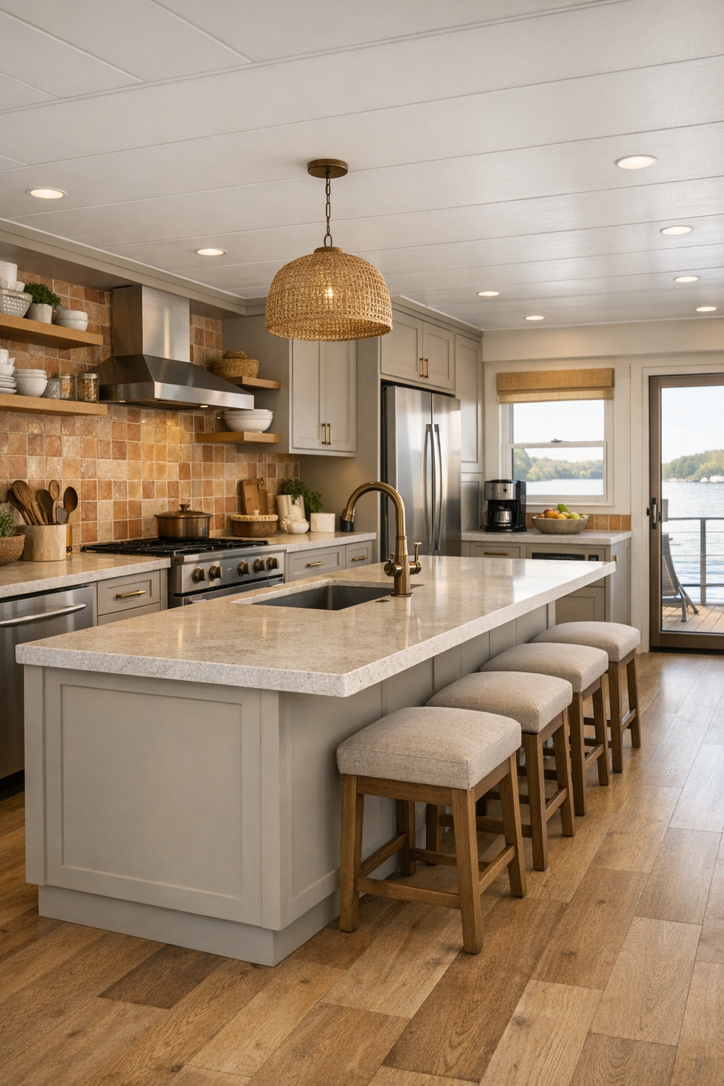 Accessible desert houseboat kitchen with putty cabinets, large island, and handmade tile backsplash