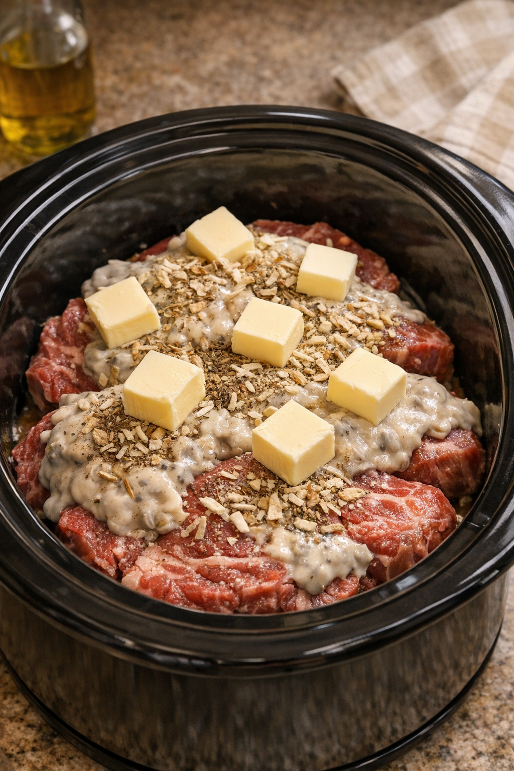 Slow cooker chuck roast topped with butter pieces before cooking