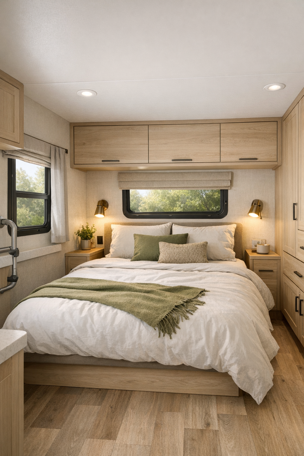 Quiet RV bedroom with low-profile bed, pale wood storage, and soft layered textiles