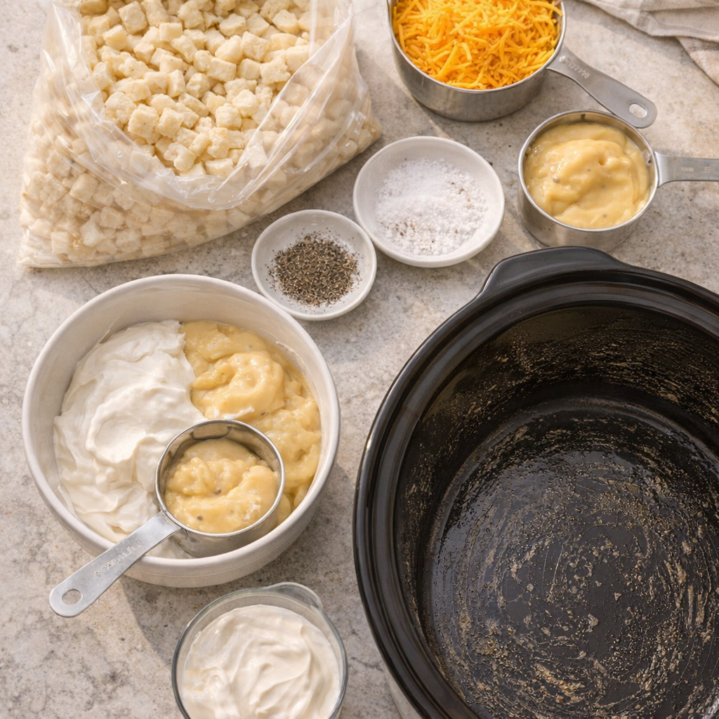 Potato bake ingredients laid out on a kitchen counter
