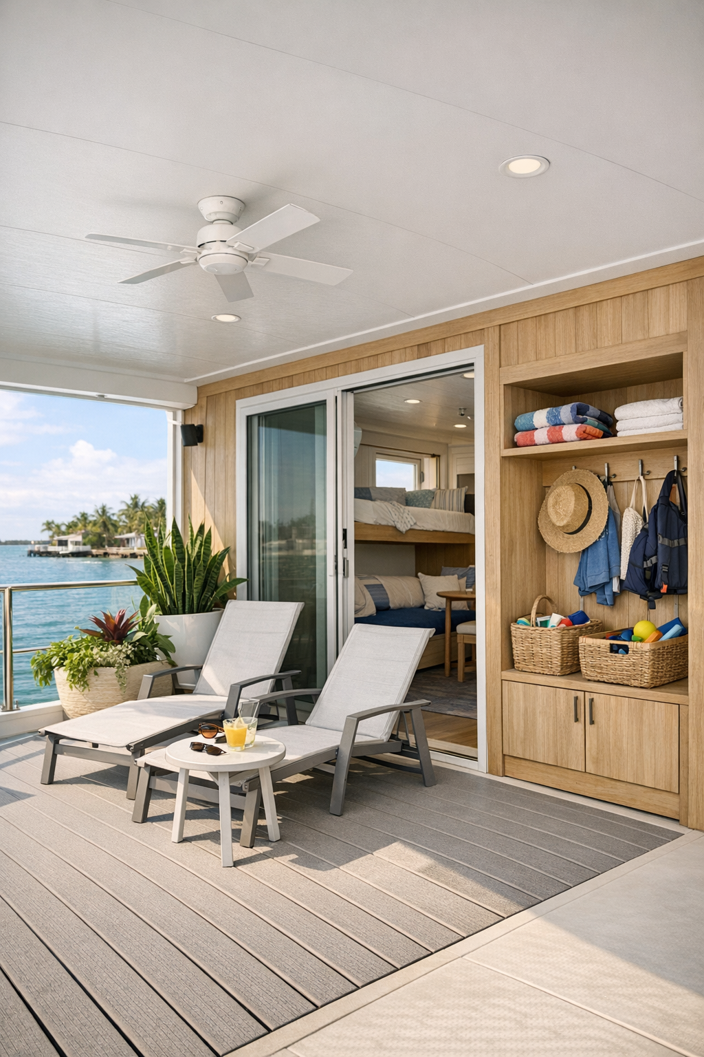 Covered deck and secondary built-in spaces inside the coastal houseboat