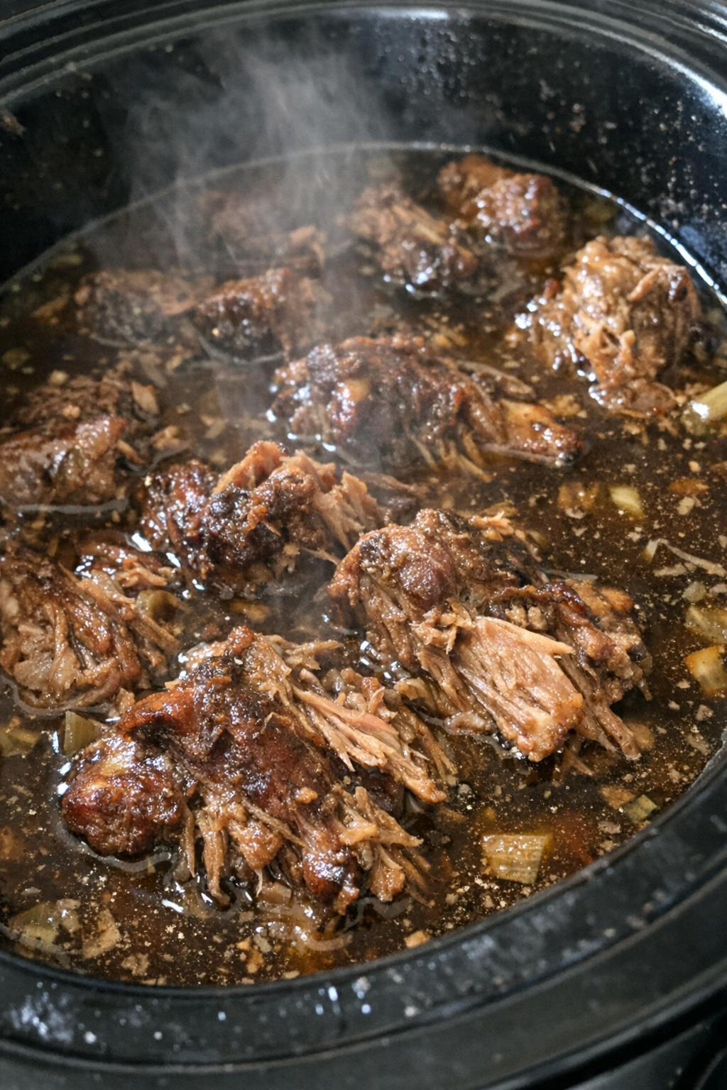 Slow cooker southern summer stew in dark broth