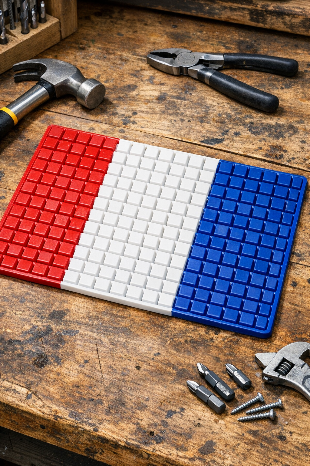 Finished red, white, and blue silicone tool mat on a workshop bench