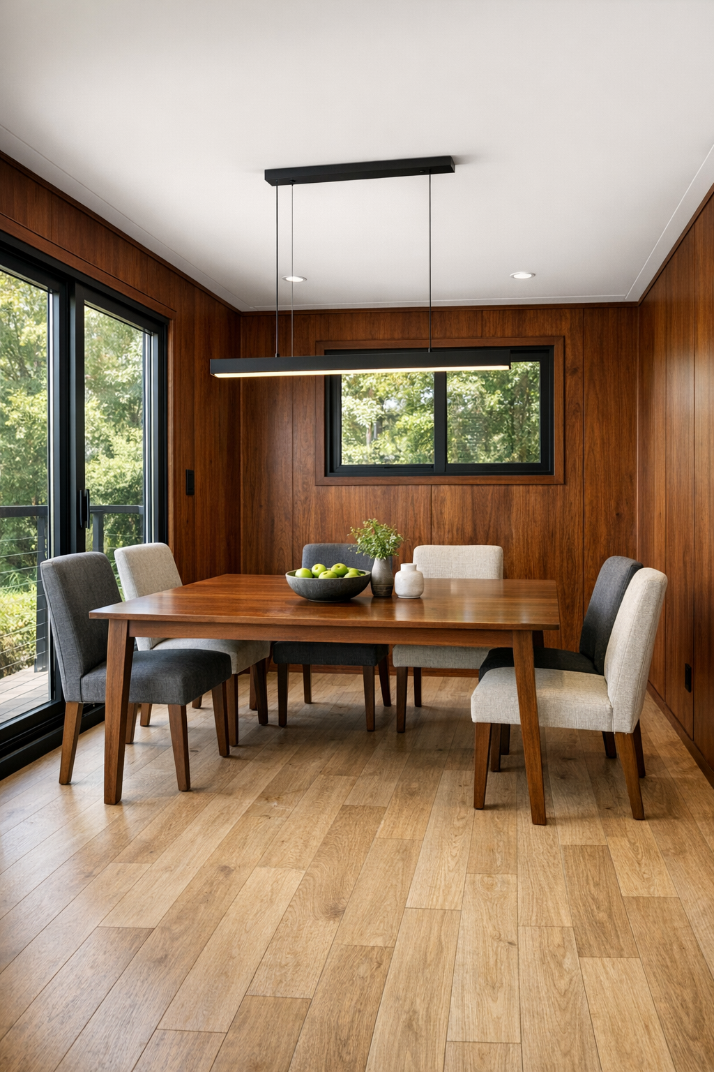 Warm dining room with wood table, upholstered chairs, and mahogany wall paneling