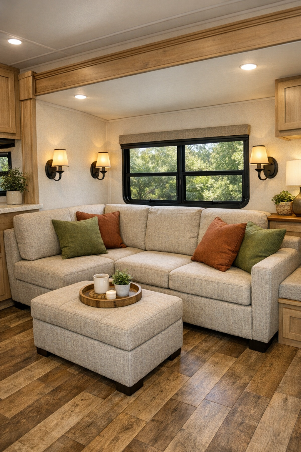 Cozy RV camper living room with oatmeal sofa, pale oak cabinetry, and warm brass lighting