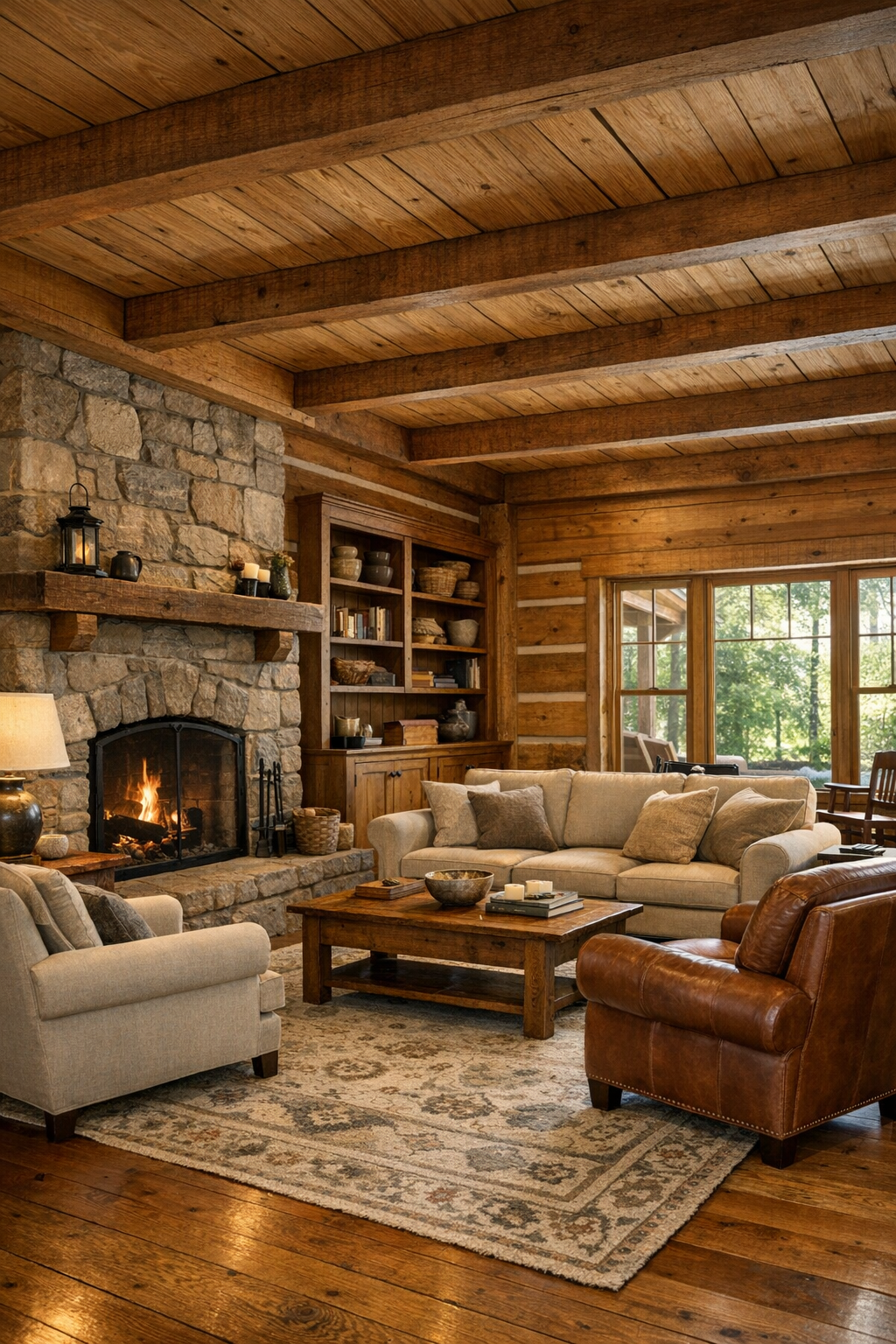 Warm log home living room with Amish woodwork, stone fireplace, and soft neutral furnishings