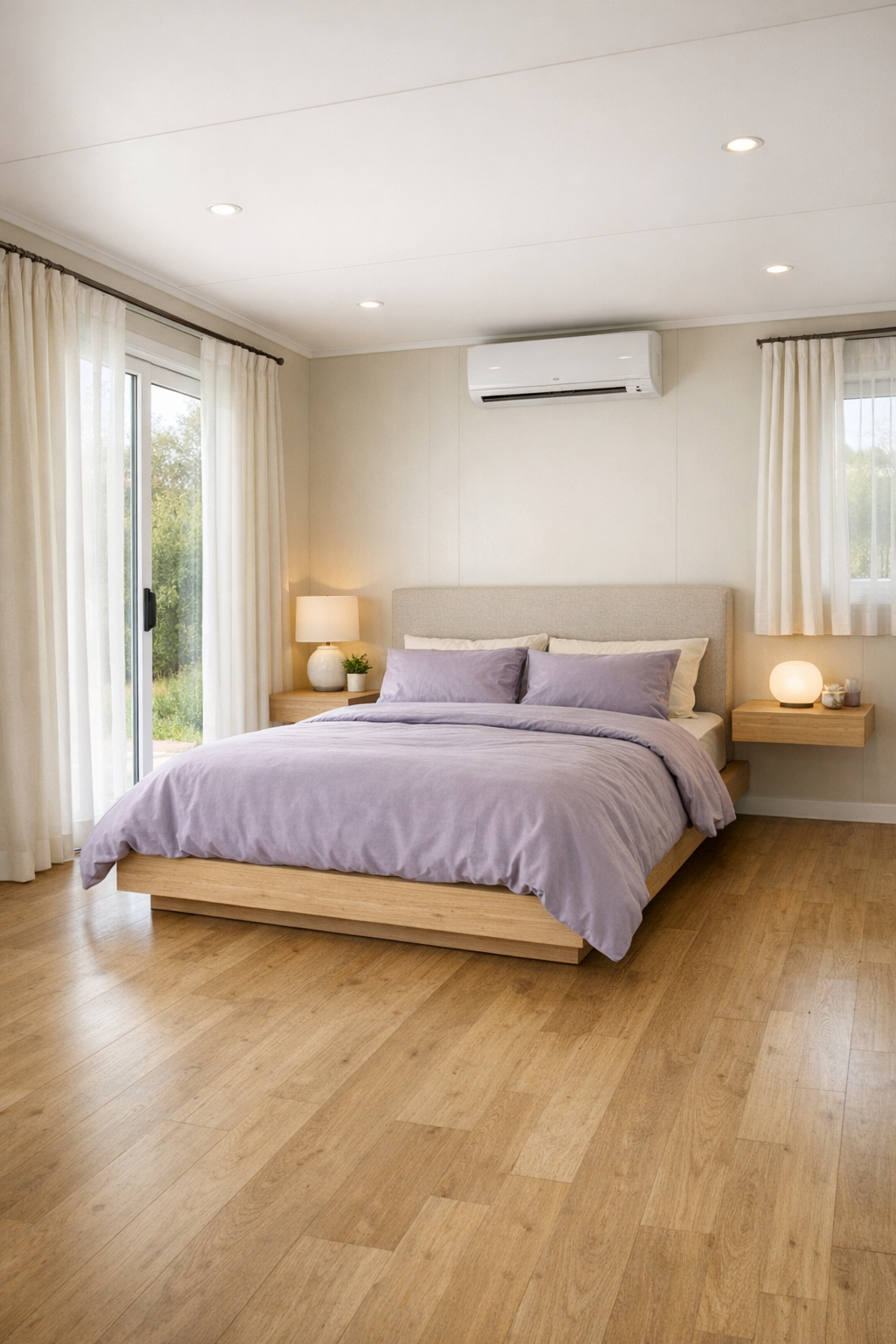 Calm bedroom with pale wood bed, lavender textiles, and soft layered lighting