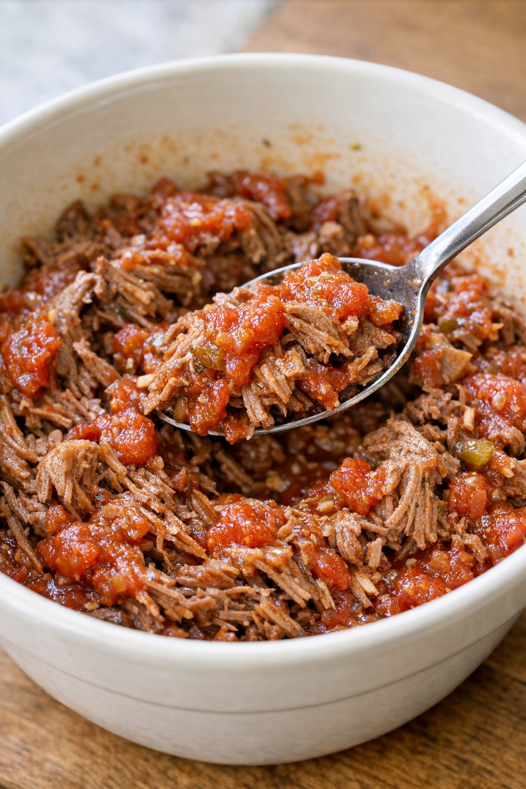 Shredded beef mixed with salsa in a bowl