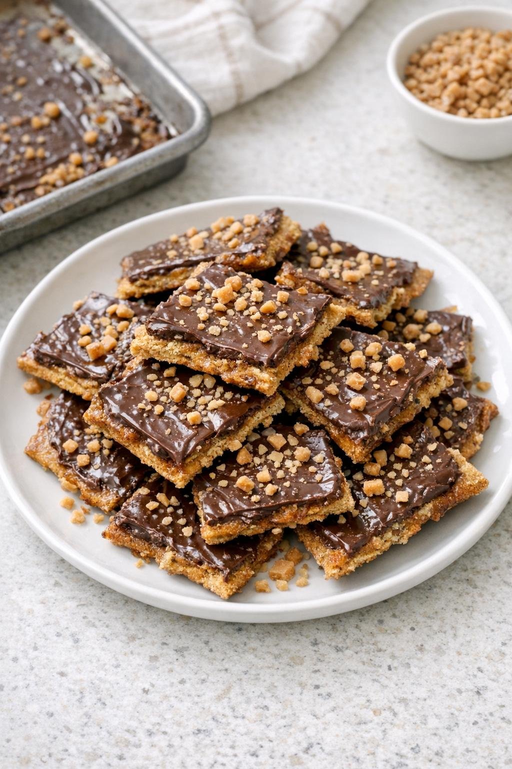 Finished cinnamon toffee bark on a serving plate