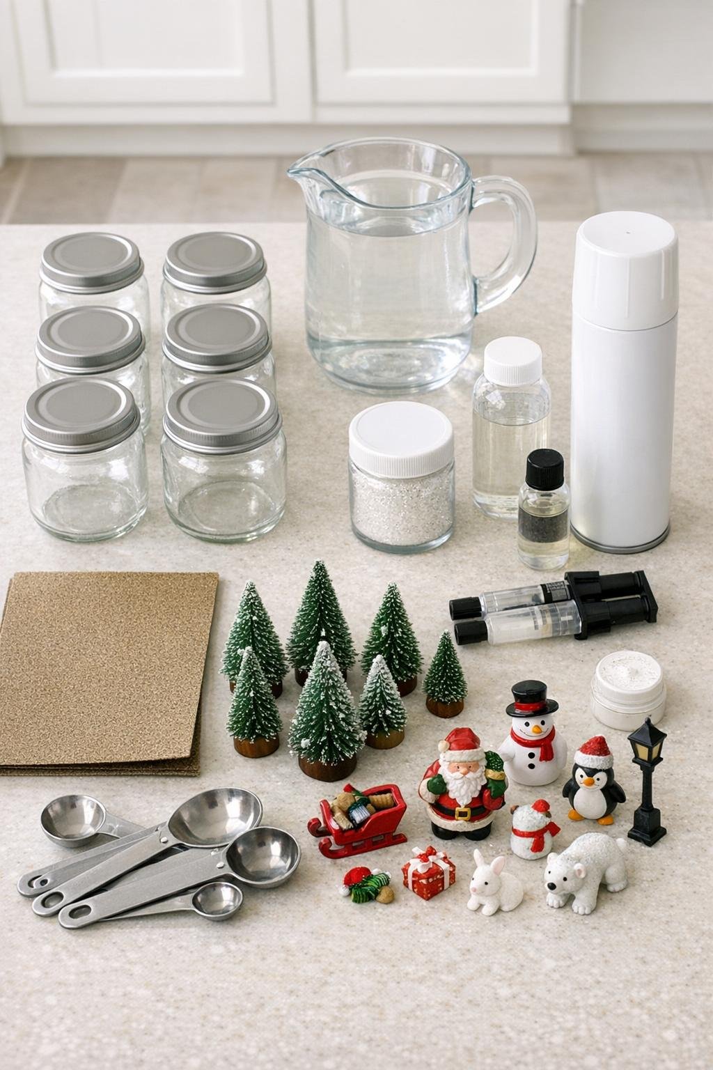 Materials for mini jar snow globes laid out on a counter