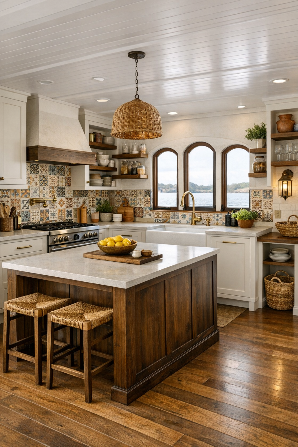 Accessible Spanish Colonial kitchen with warm white cabinetry and a wood island