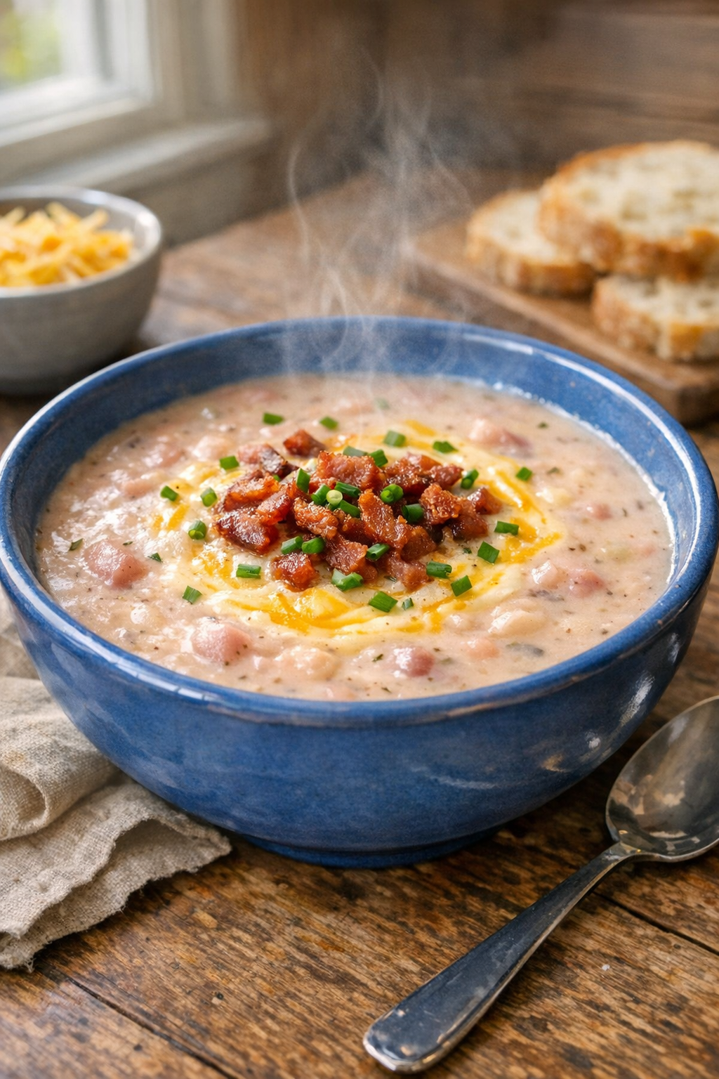 Finished creamy potato soup in a blue bowl