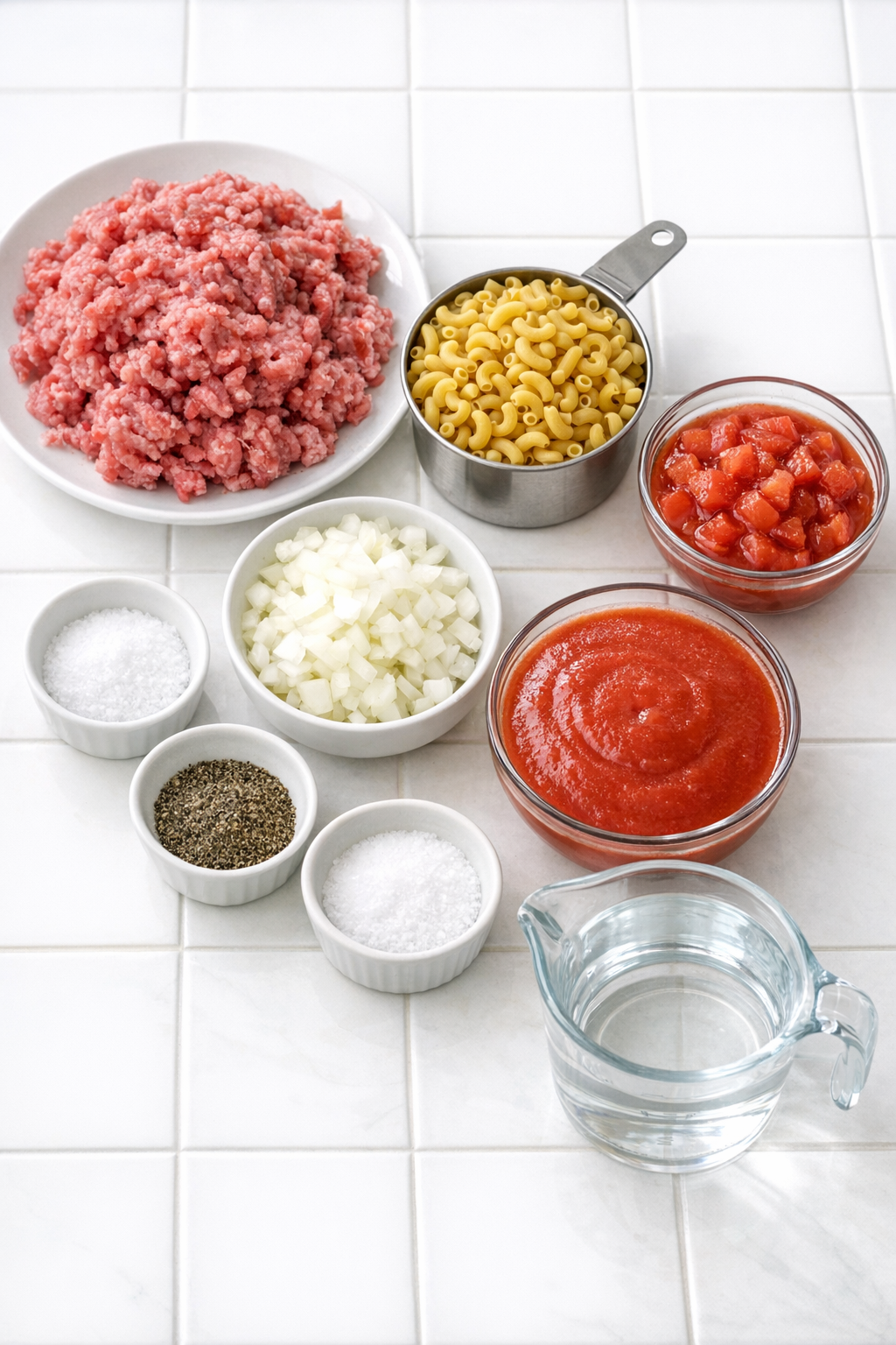 Measured ingredients for slumgullion on a counter