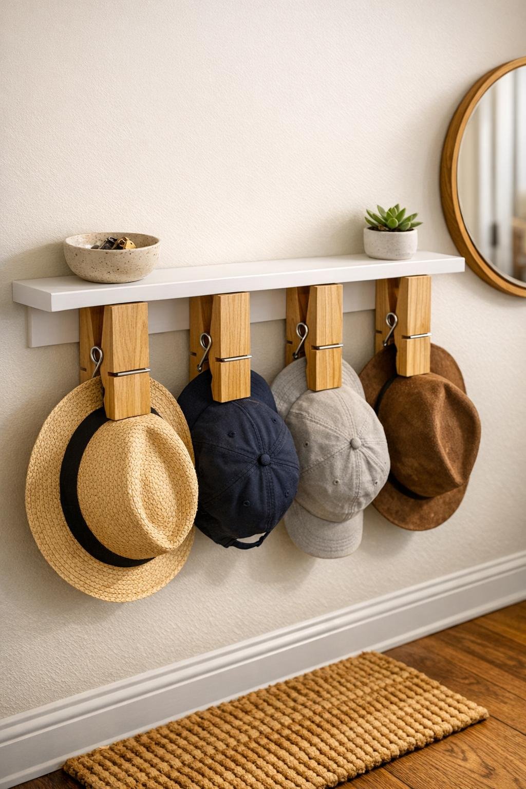 Completed floating shelf hat rack with oversized clothespins mounted in an entryway