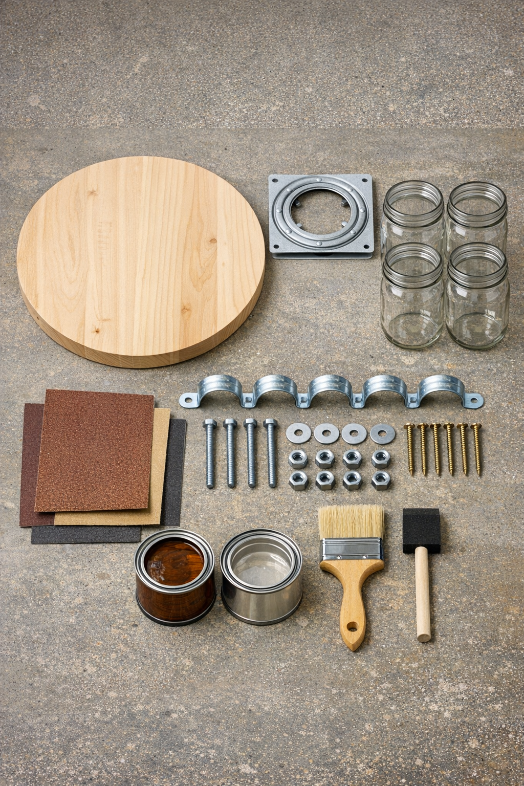 Materials for a mason jar lazy Susan utensil caddy laid out neatly