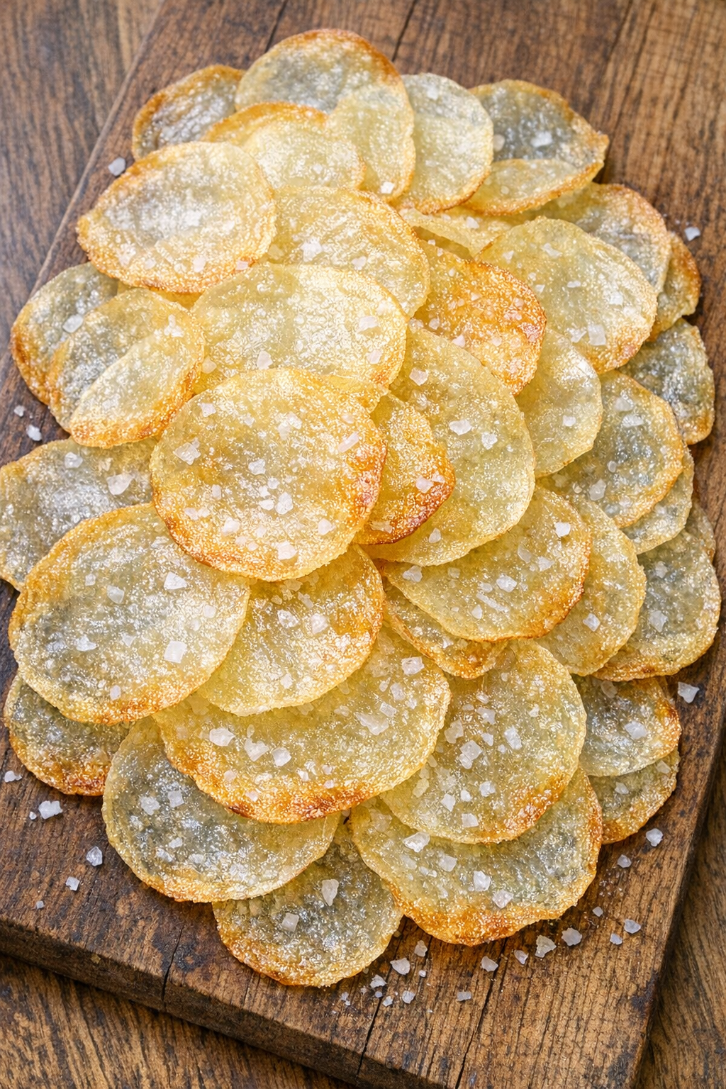 Paper-thin crispy potato veil chips on a rustic wooden board
