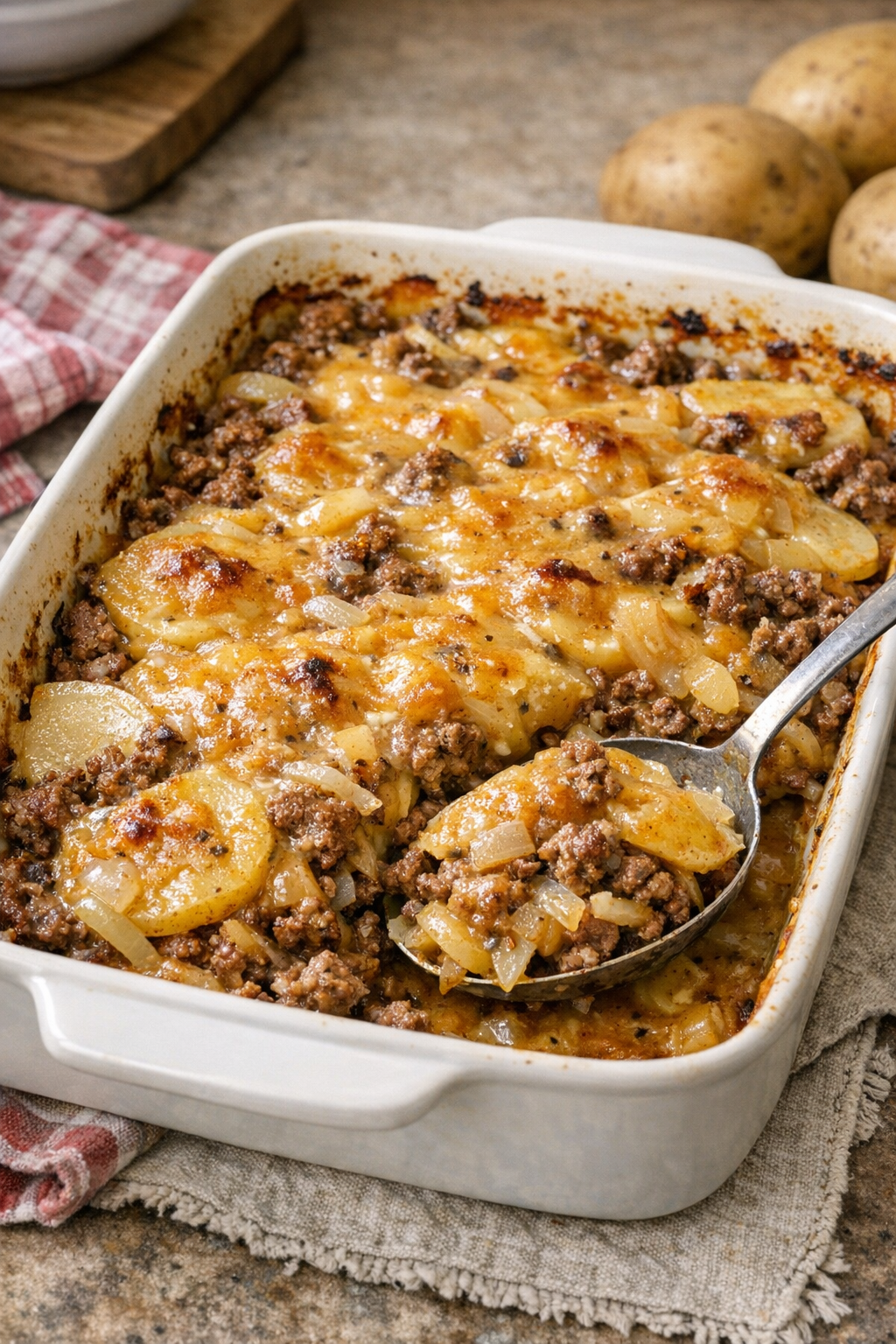 Finished Amish beef and potato bake in a casserole dish