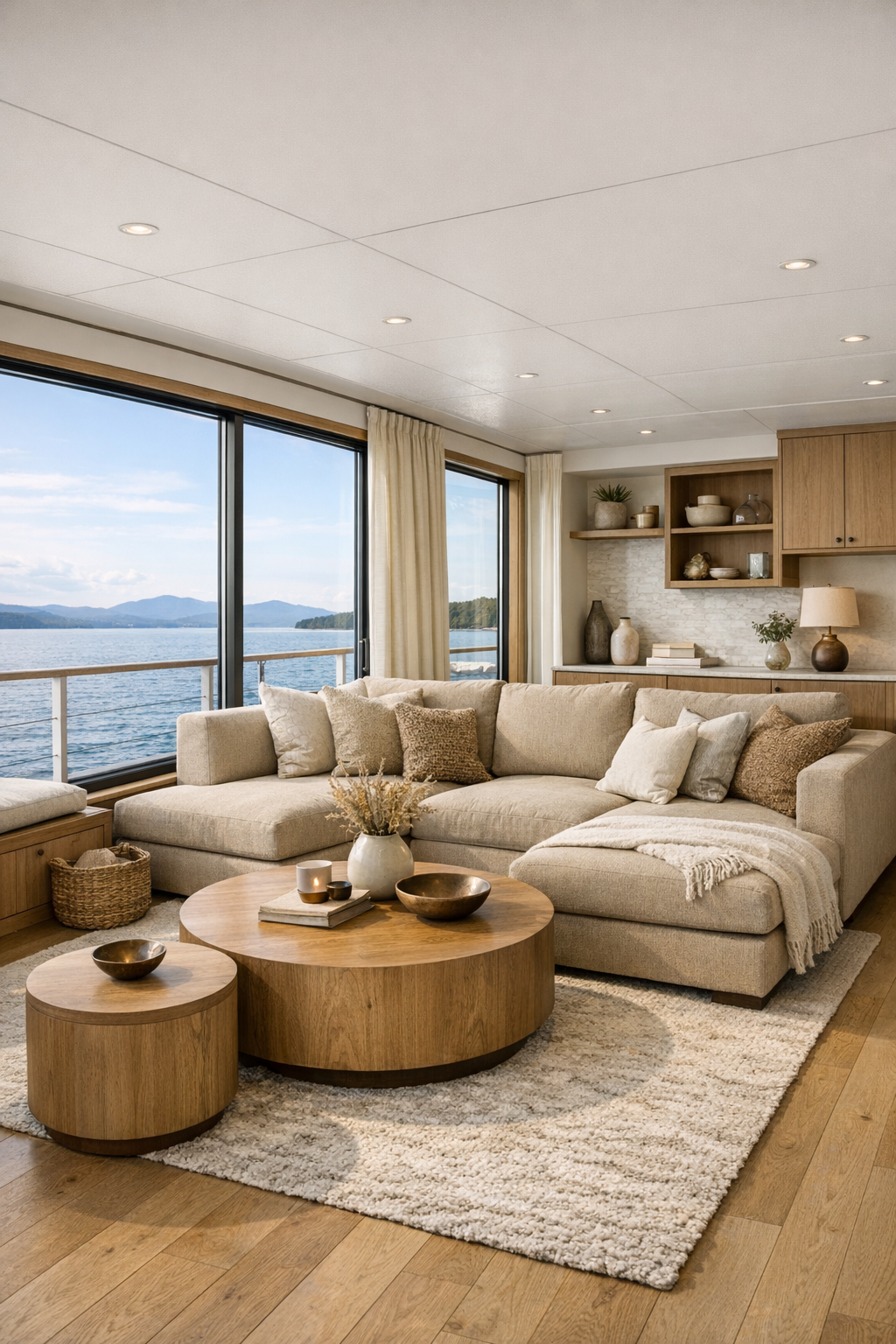Bright accessible living room with pale oak floors, oat sectional, and expansive lake-facing windows