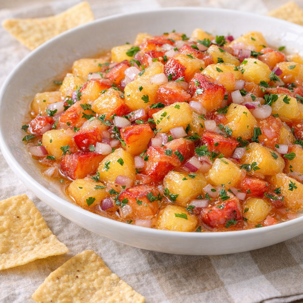 Peach salsa served with tortilla chips