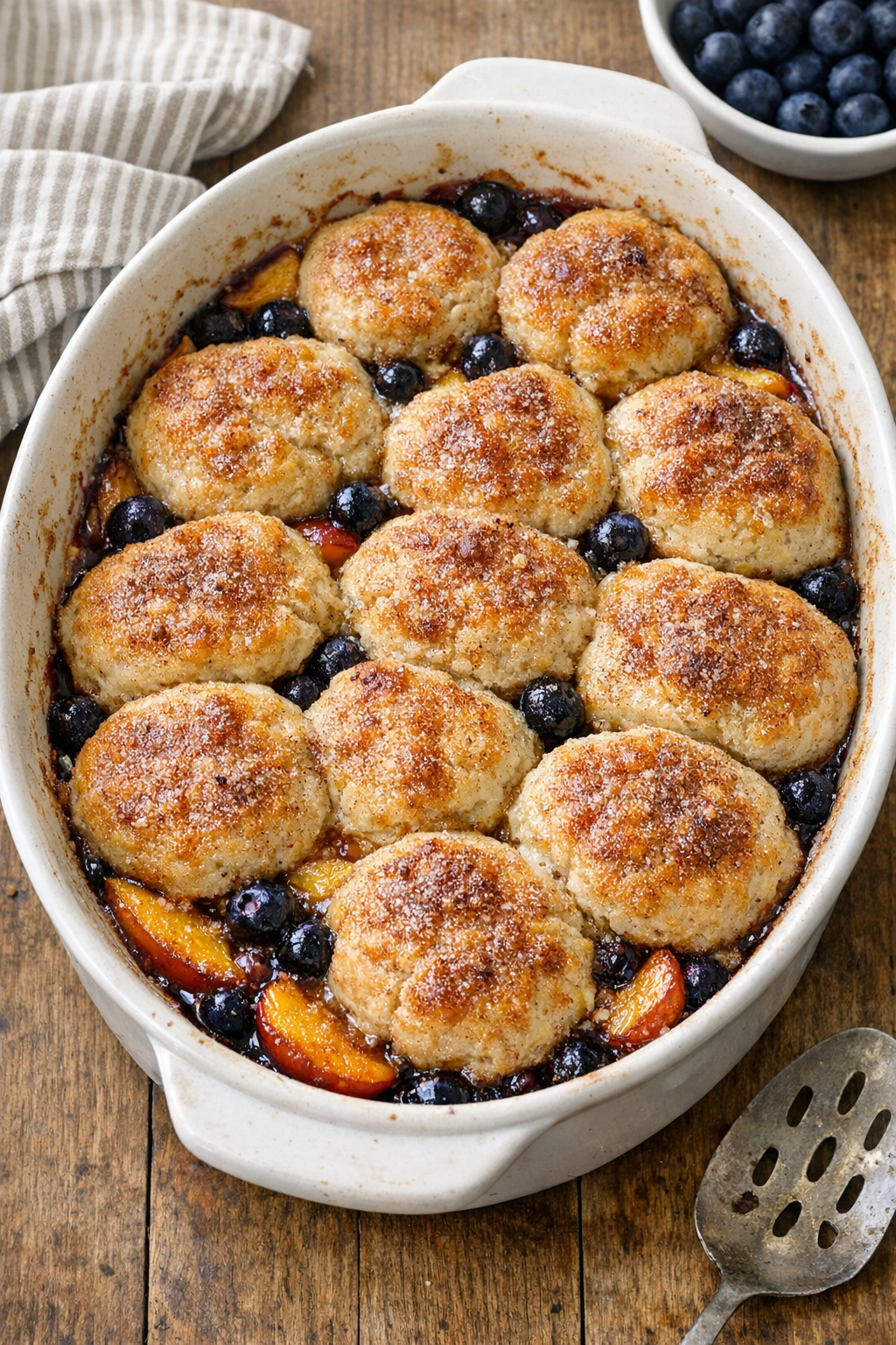 Finished baked biscuit fruit cobbler