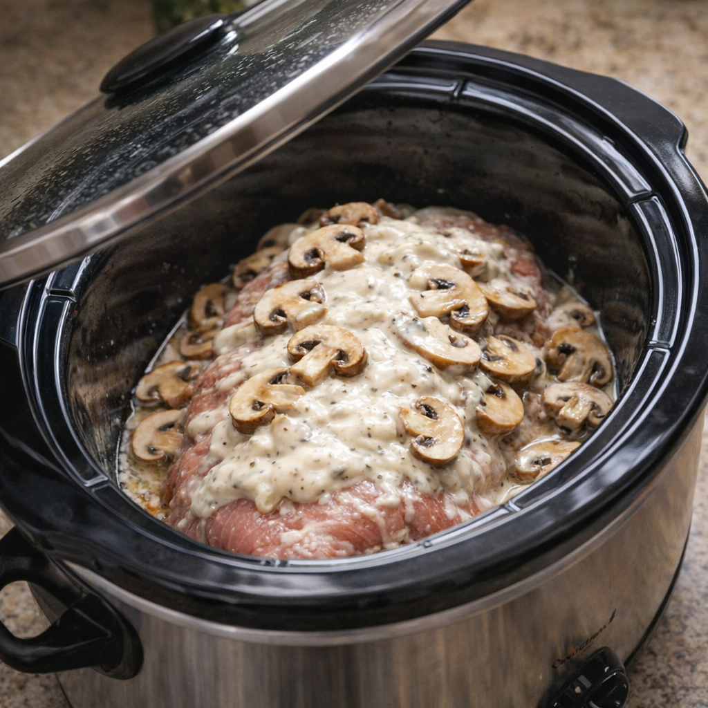 Slow cooker with creamy mushroom pork ready to cook