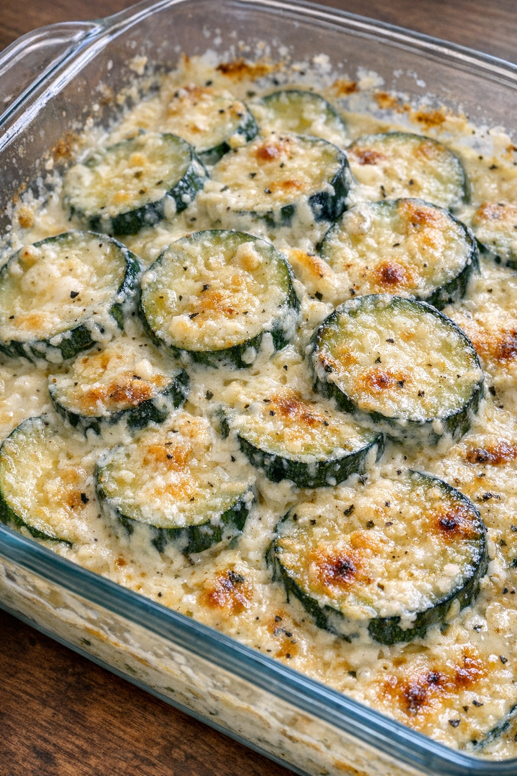 Creamy parmesan zucchini skillet in a glass casserole dish