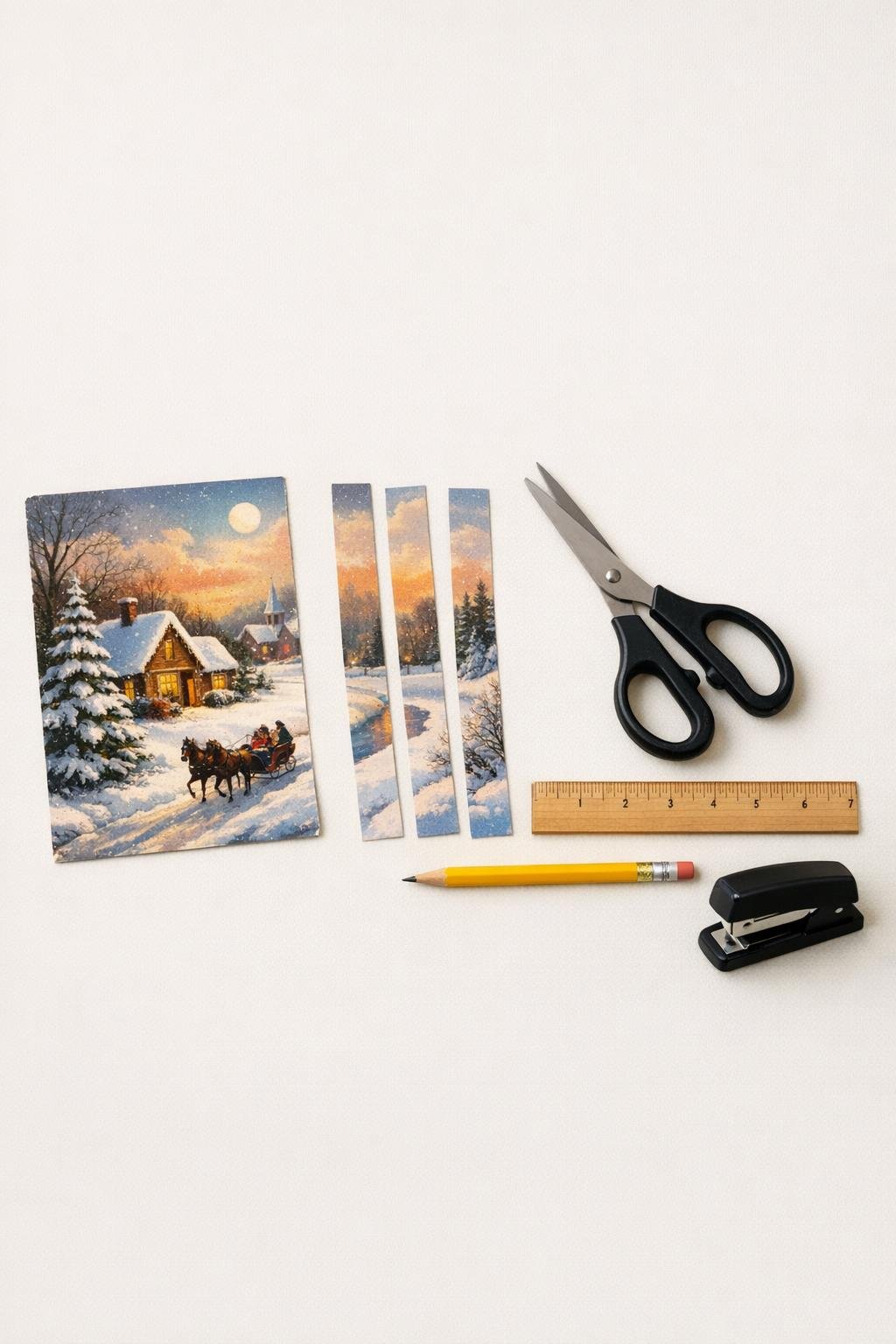 Materials for making bows from old Christmas cards