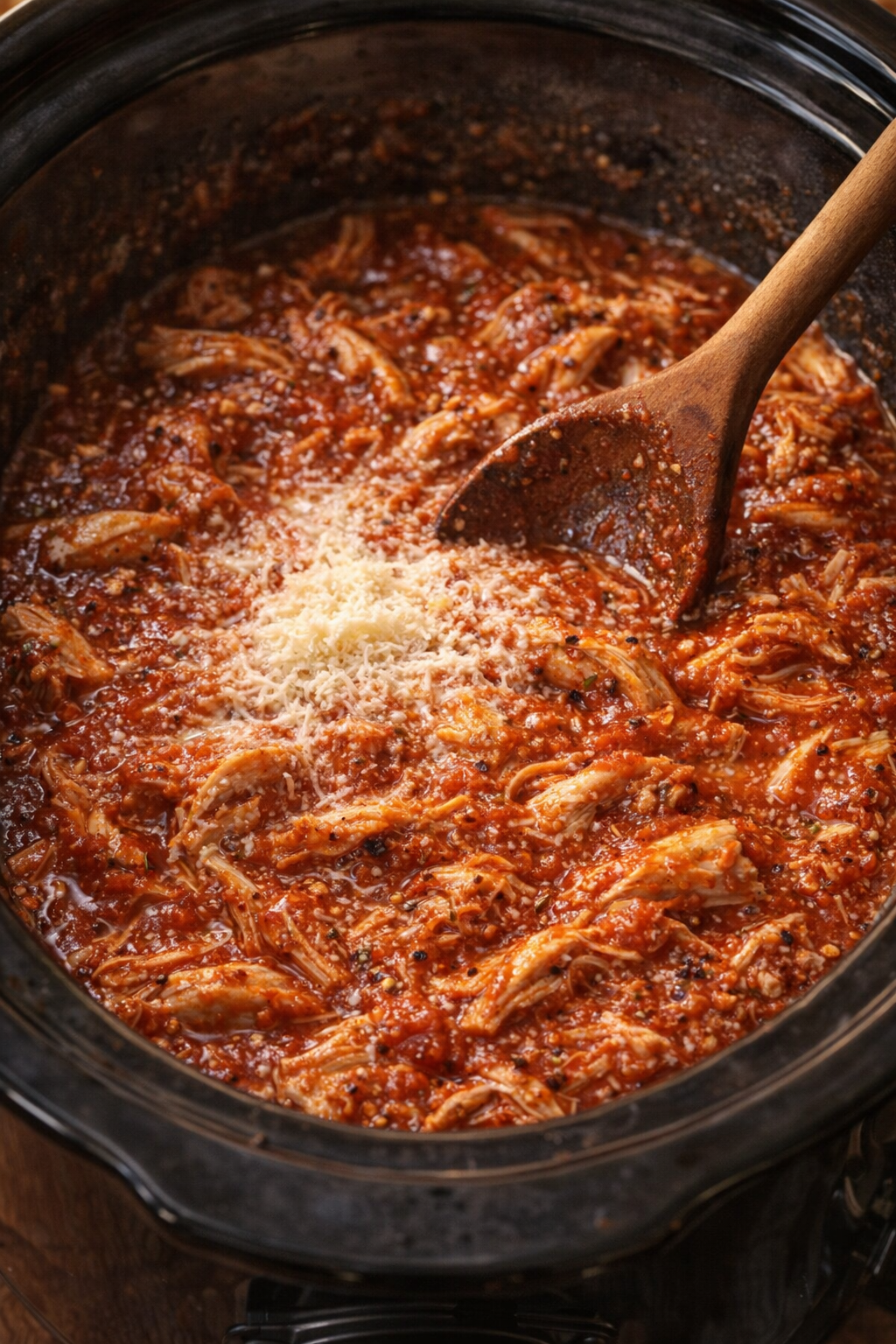 Gesneden kip in marinara saus met gesmolten Parmezaanse kaas.
