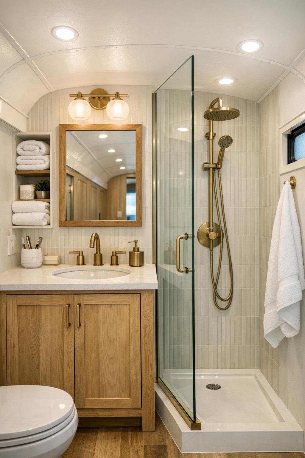Small bright bathroom in the bus with a wood vanity and light tile