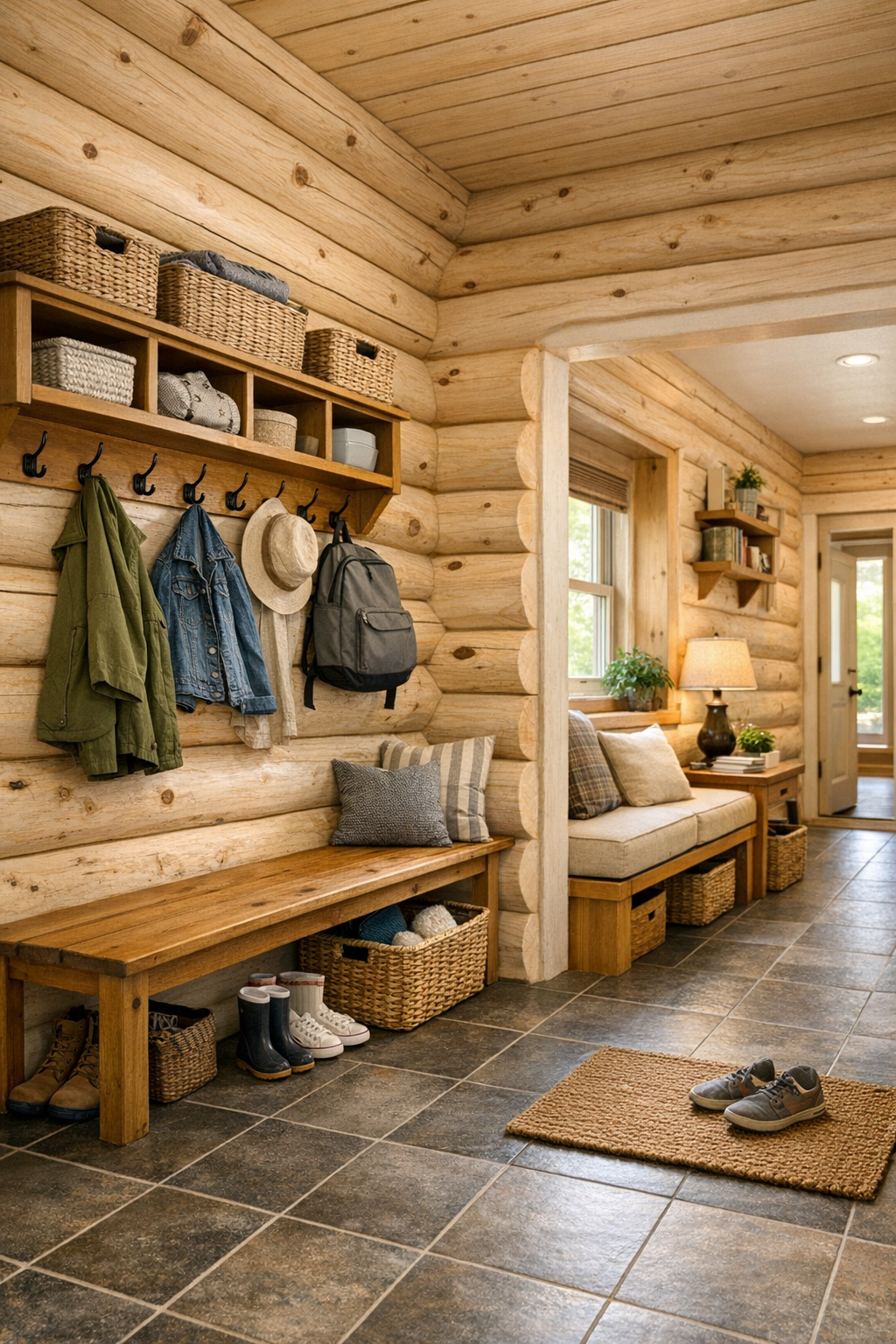Functional mudroom and hallway nook with built-in storage in a light log home