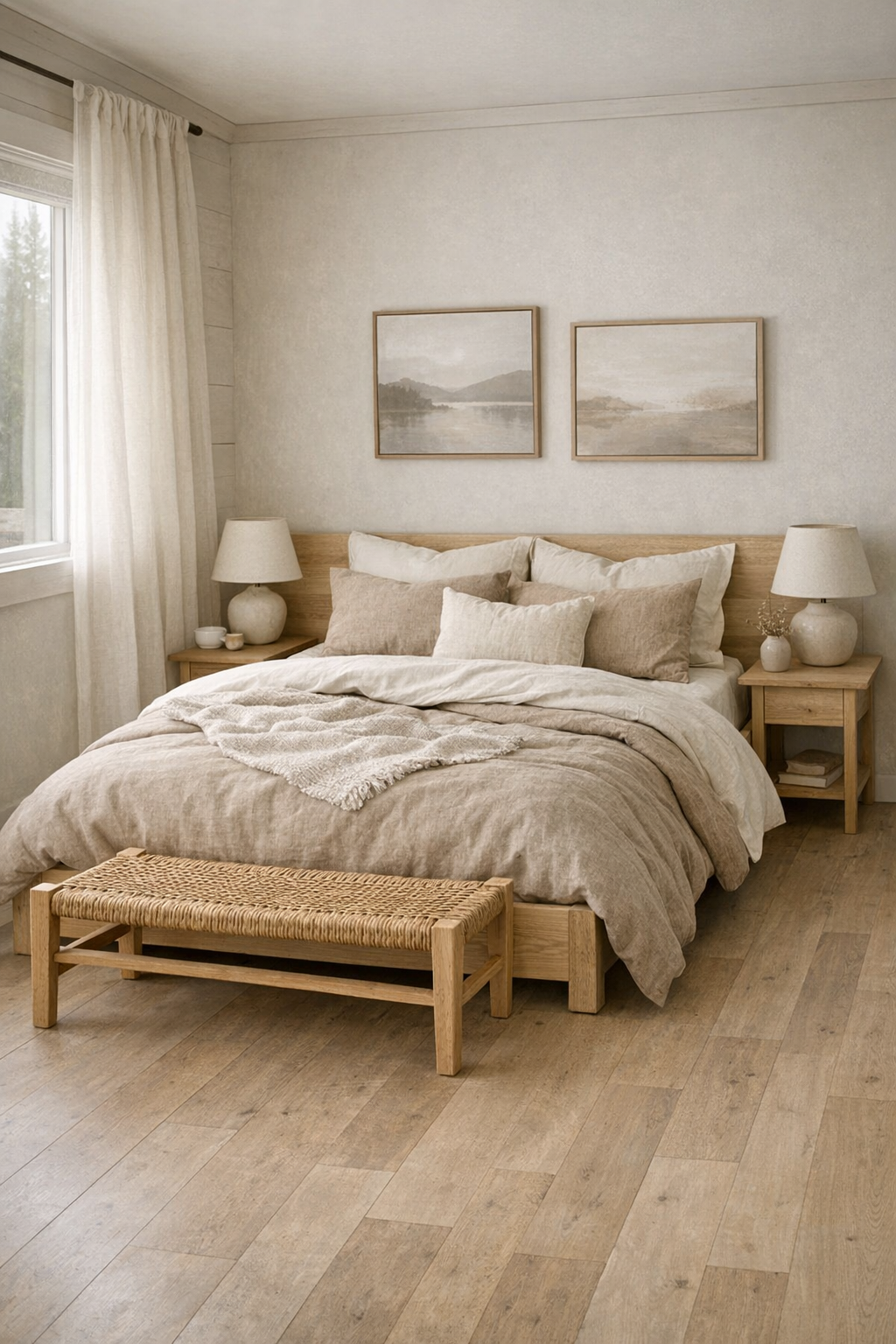 Calm tiny home bedroom with layered linen bedding and light wood furniture