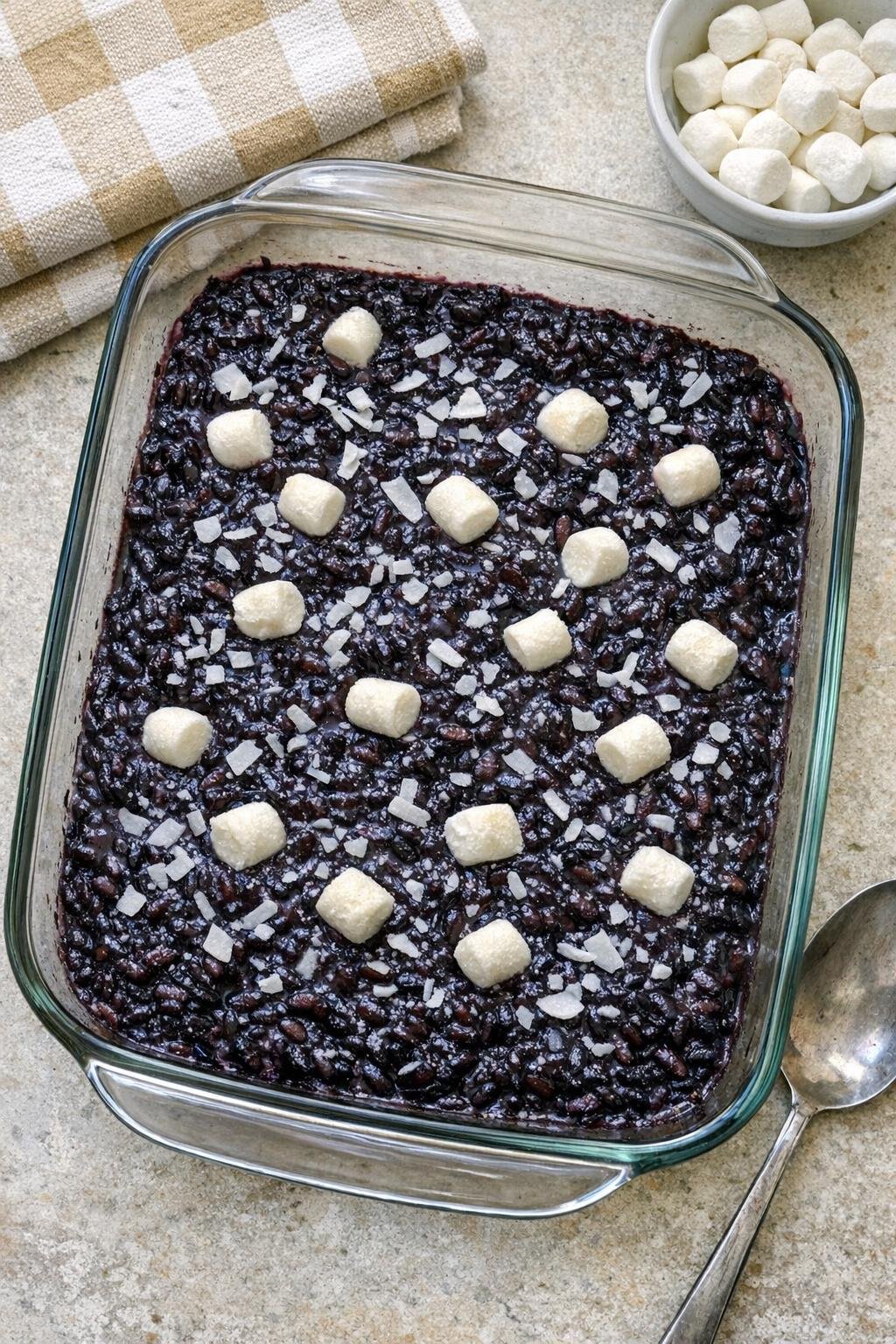 Finished baked black rice dessert in a glass casserole dish
