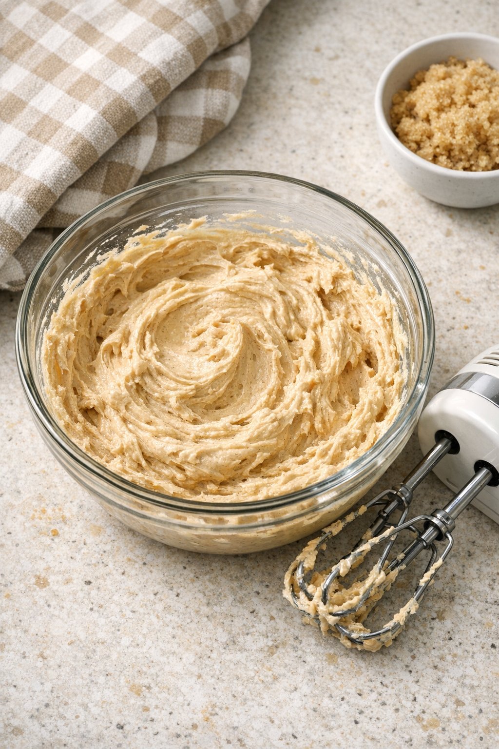 Cream cheese and brown sugar mixed in a bowl