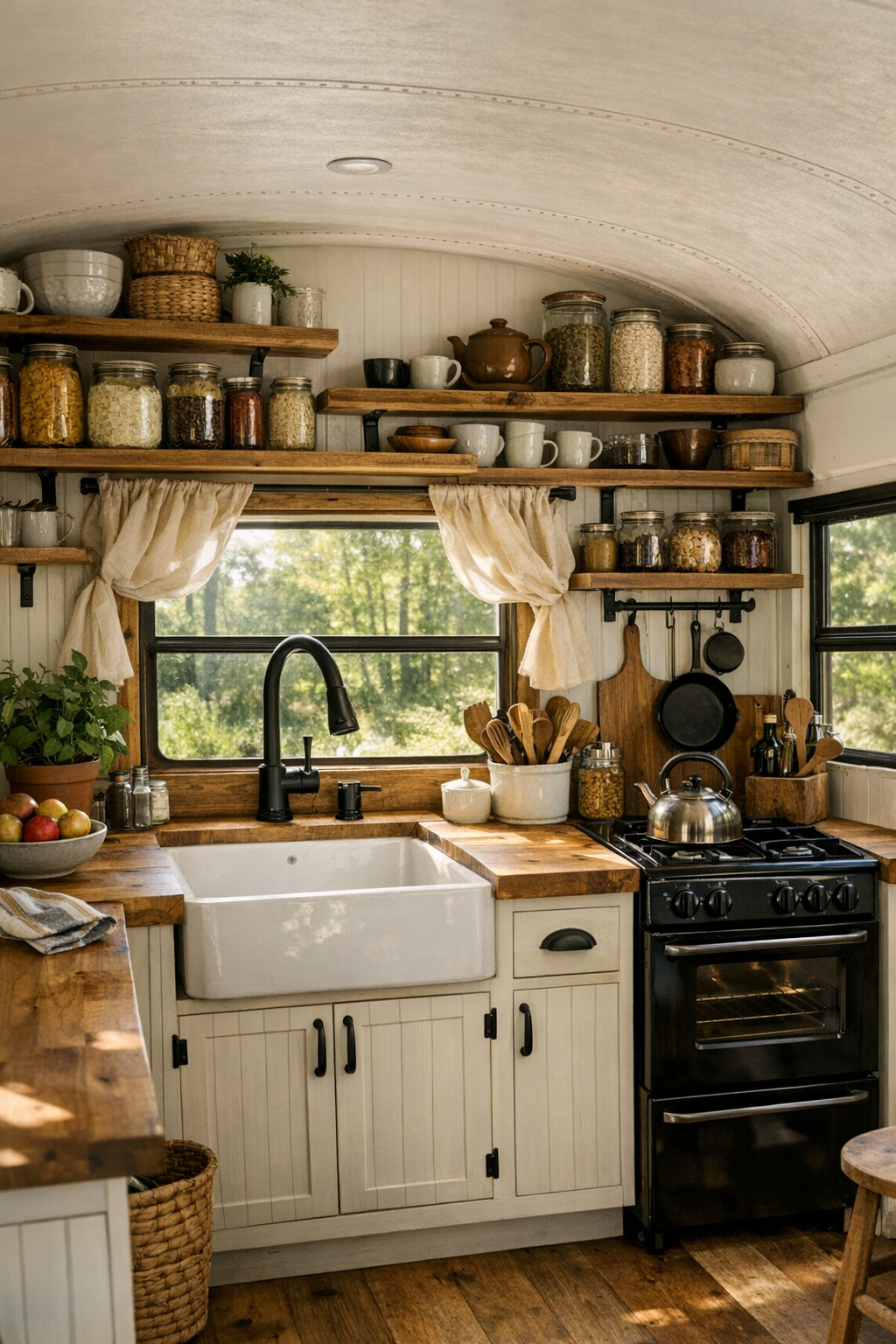 Rustic off-grid bus kitchen with butcher block counters and open shelving
