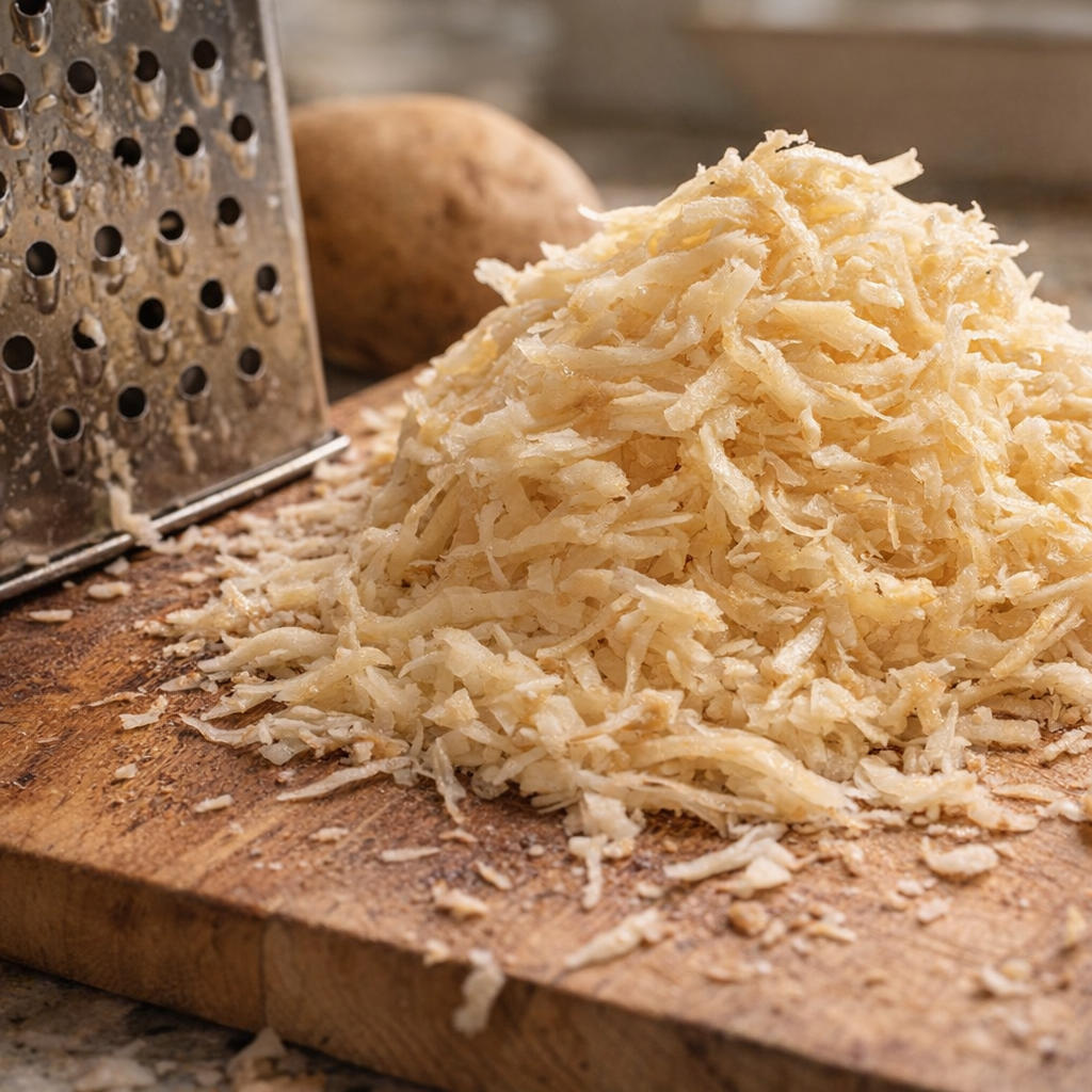 Freshly grated potatoes beside a box grater
