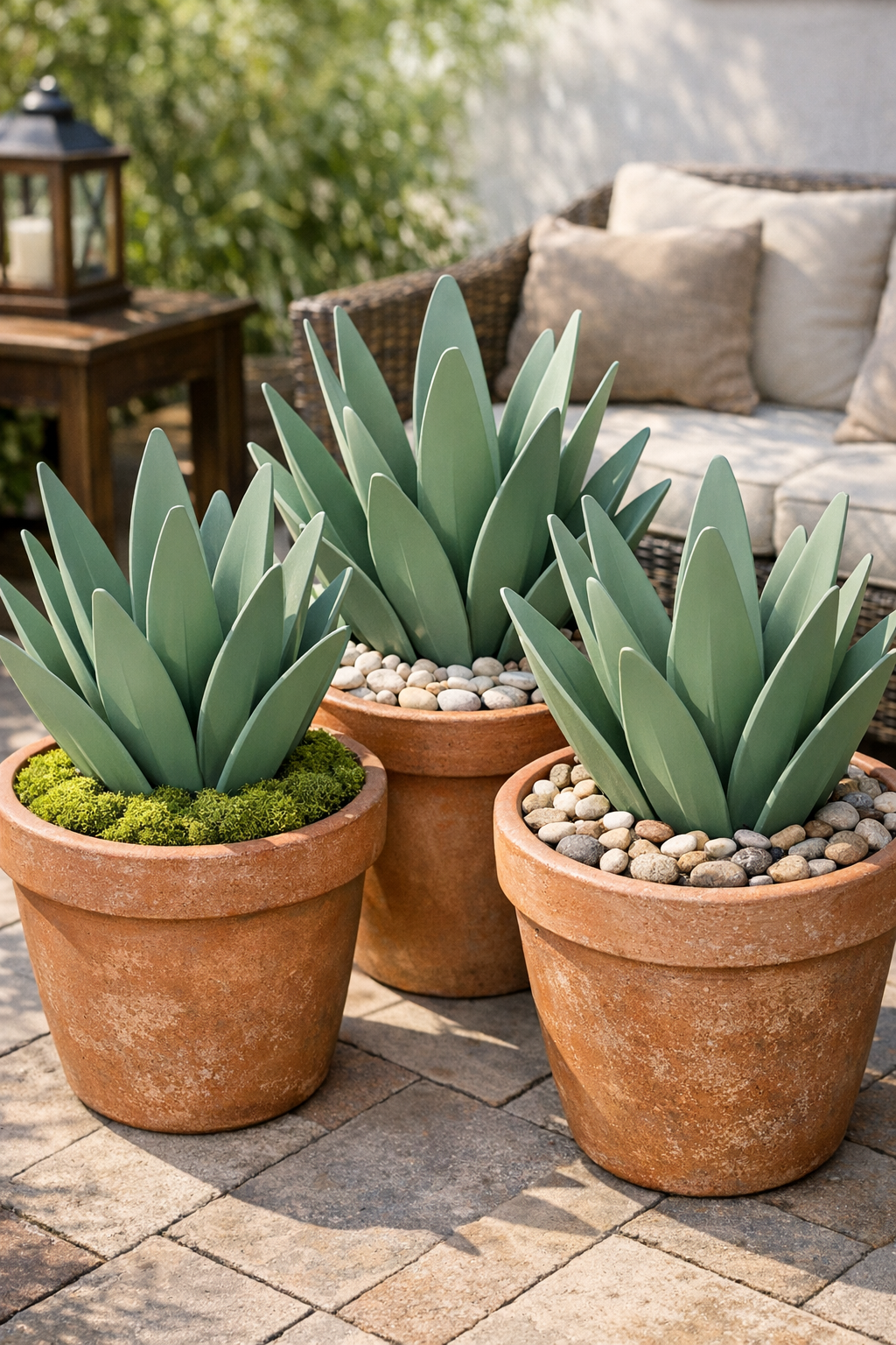 Finished faux agave plants in terracotta patio pots