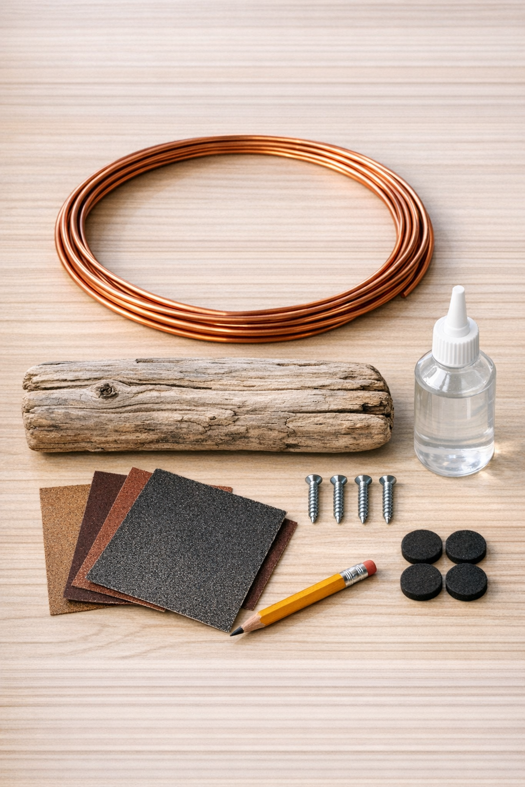 Materials for making a copper wire phone holder on a driftwood base