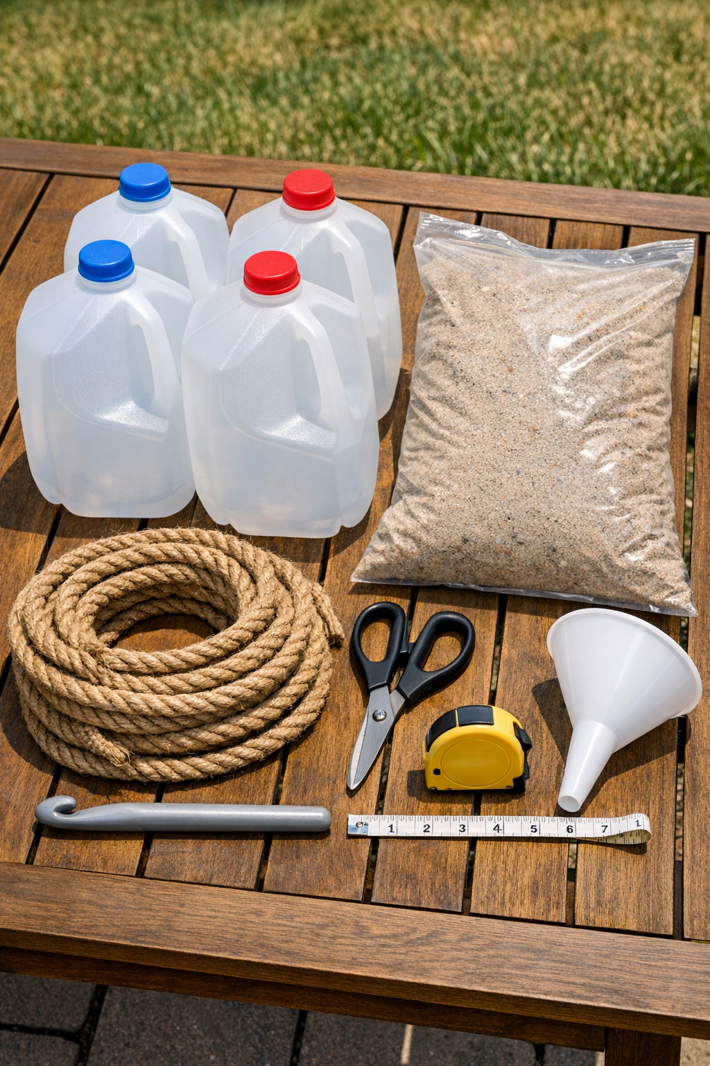 Materials for crocheted jute canopy weight covers laid out on a table