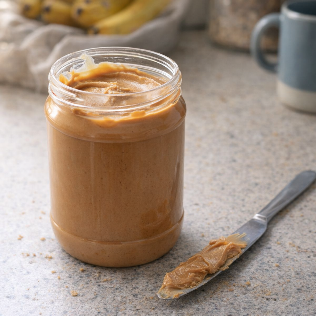 Open jar of peanut butter on a kitchen counter