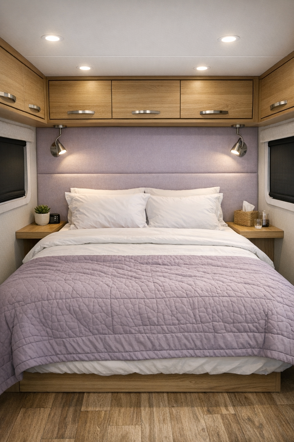 Soft modern RV camper bedroom with low platform bed and pale lavender headboard