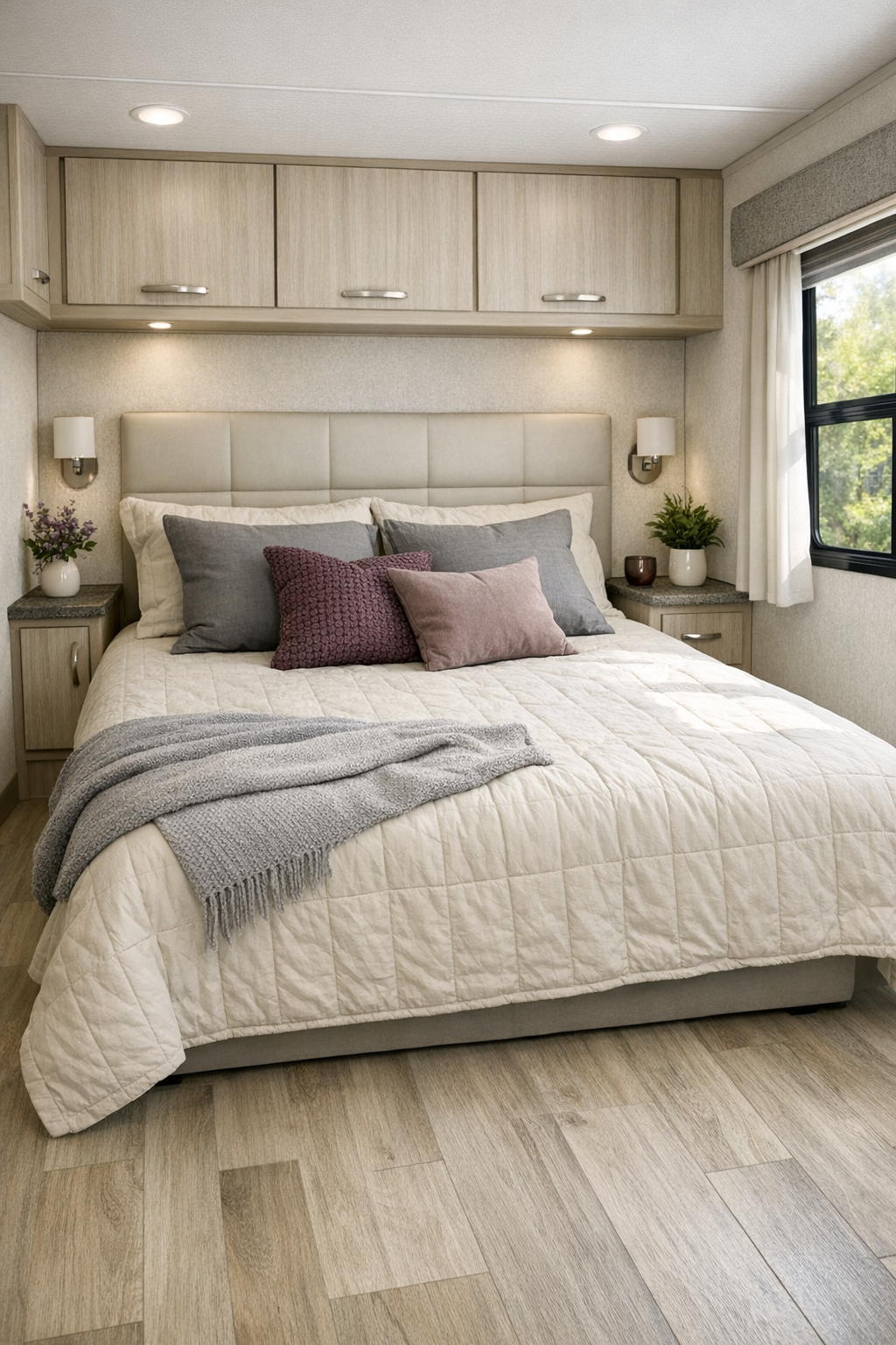 RV bedroom with low bed, built-in storage, and soft neutral bedding