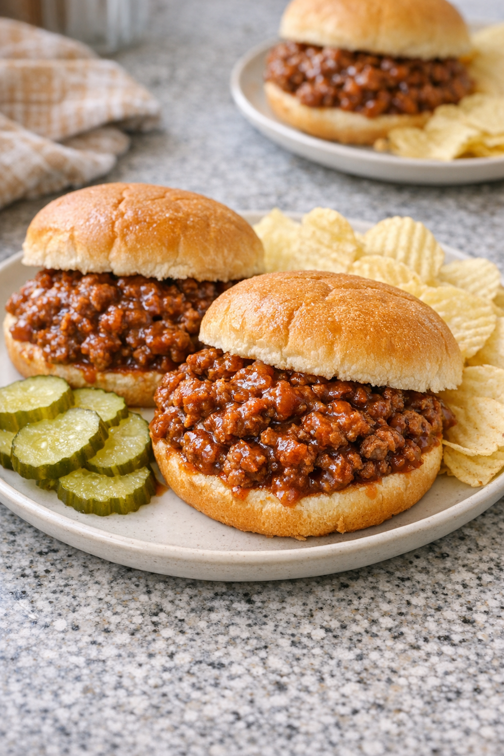Finished sloppy beef sandwiches on a plate