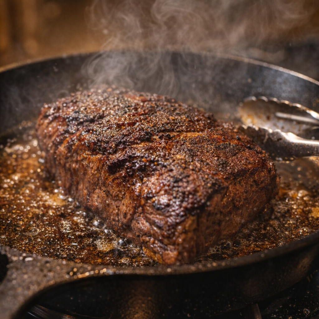 Chuck roast browning in a skillet