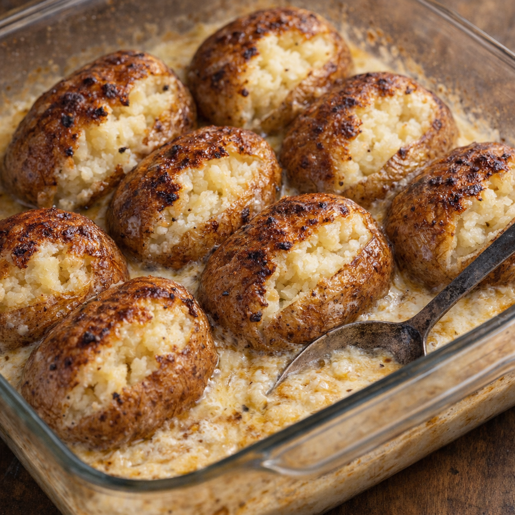 Golden baked potatoes with creamy sauce in the casserole dish