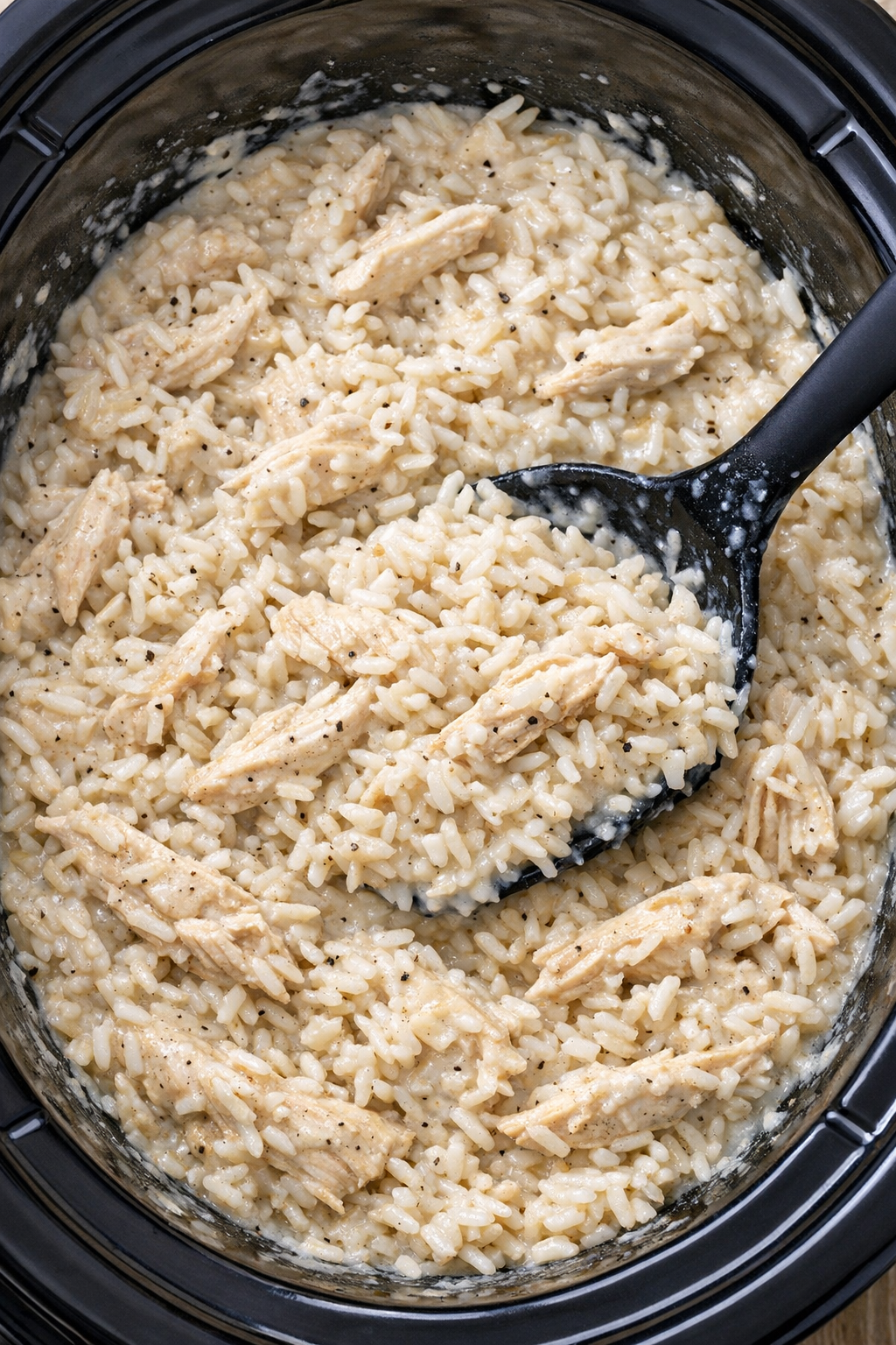 Shredded chicken and uncooked rice stirred into the slow cooker