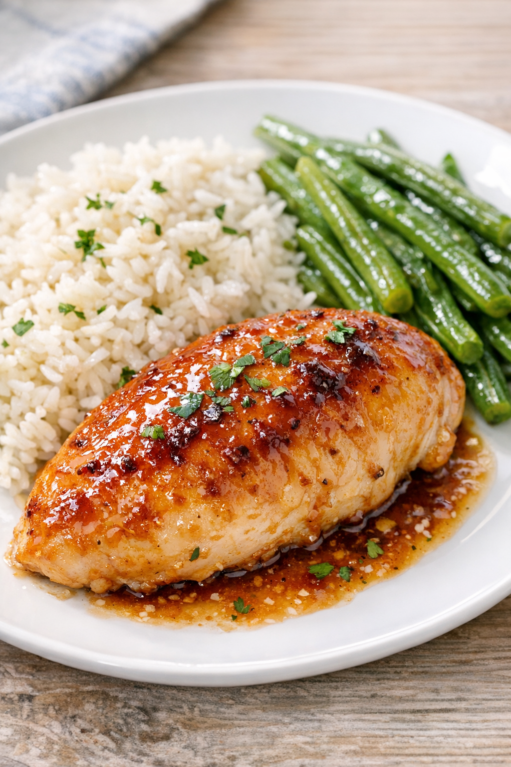 Plated sparkler chicken with rice and green beans